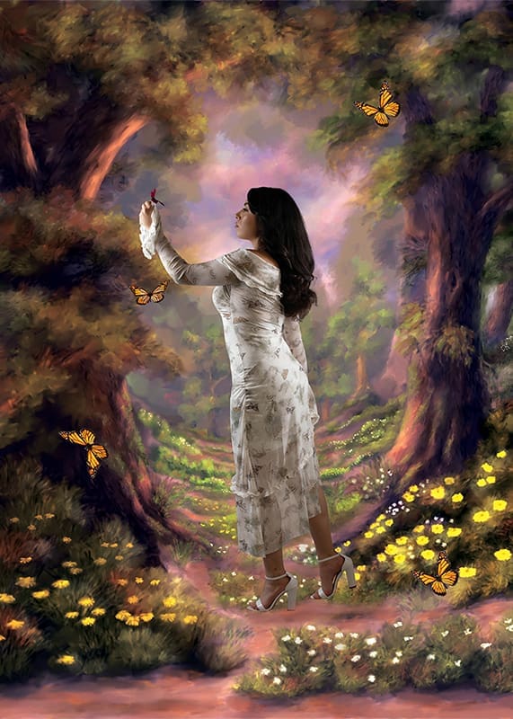 senior-portriat-fantasy-por Senior portrait young lady in forest butterflies